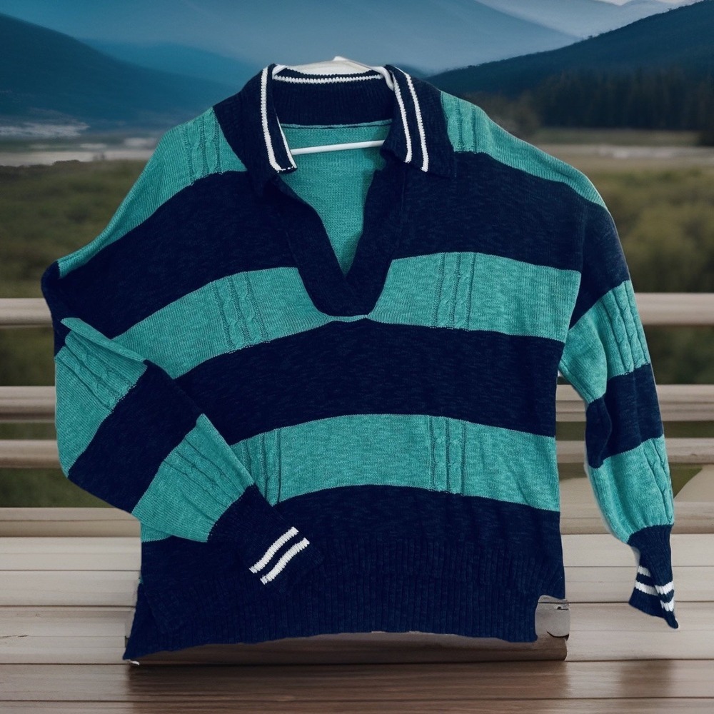 Striped Collared Sweater Women's L Teal & Navy Knit Pullover Oversized layer